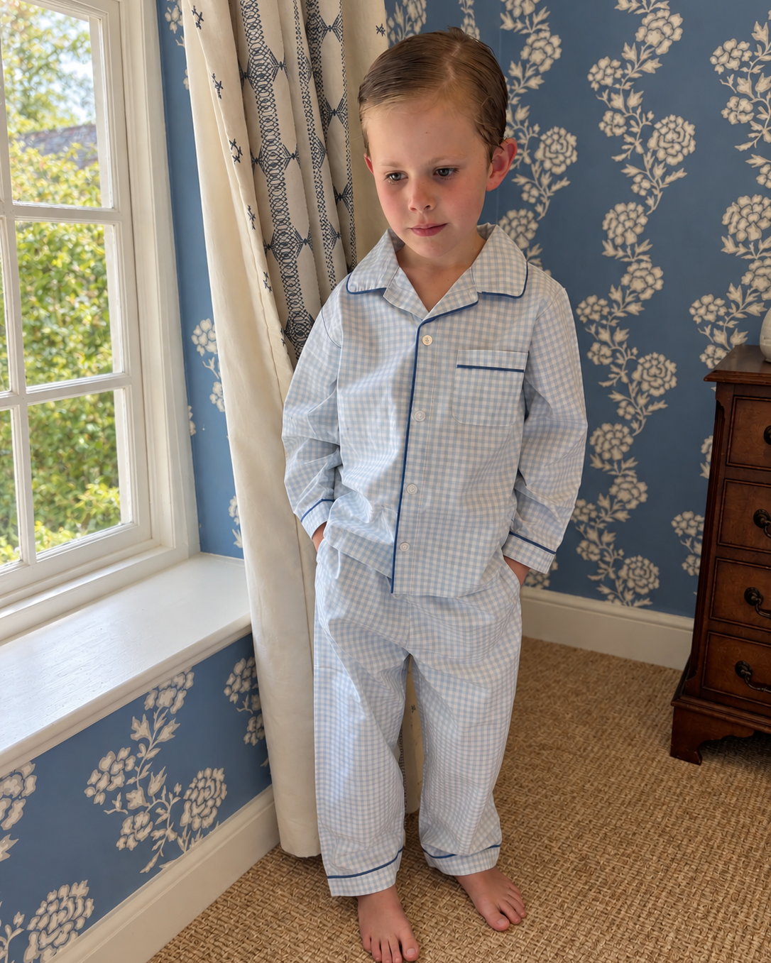 Kids Pale Blue Gingham PJ LONG Set