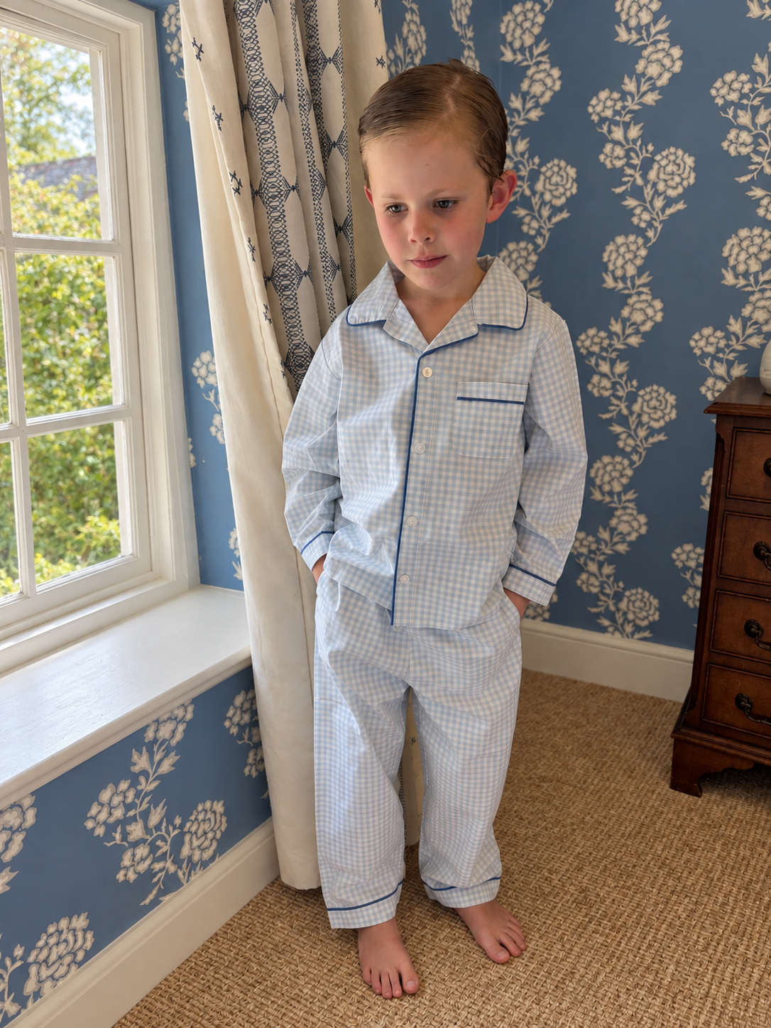 Kids Pale Blue Gingham PJ LONG Set