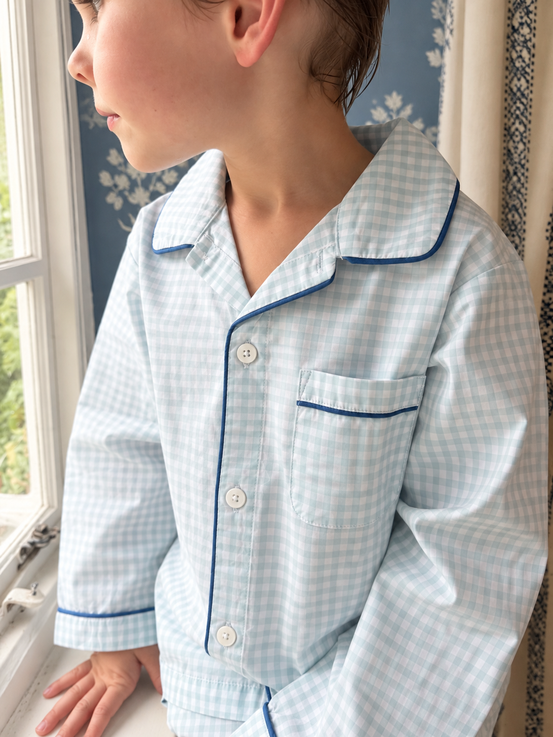 Kids Pale Blue Gingham PJ LONG Set