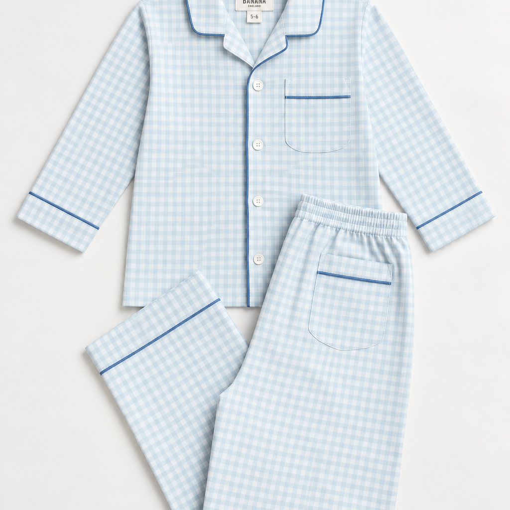 Kids Pale Blue Gingham PJ LONG Set